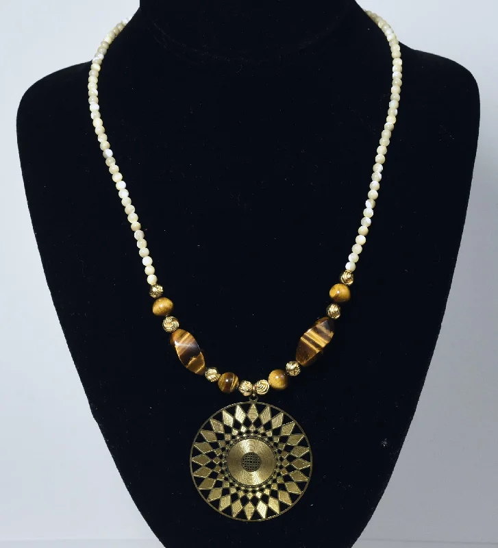 Night shimmer necklaces -Carved Shell Bead, Brass and Tiger's Eye Necklace with Brass Pendant