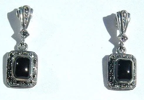 Ladies Earrings with Clear Natrolite-Art Deco Earrings Black Onyx Silver Marcasite