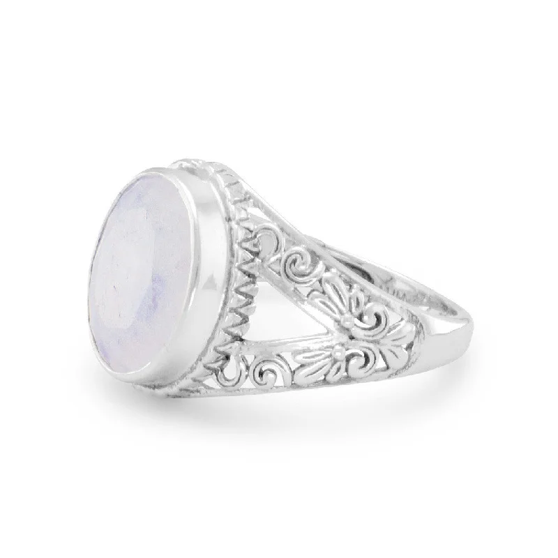 Ladies Rings with Green Uvarovite-Sterling Silver Ornate 12mm Oval Rainbow Moonstone Ring