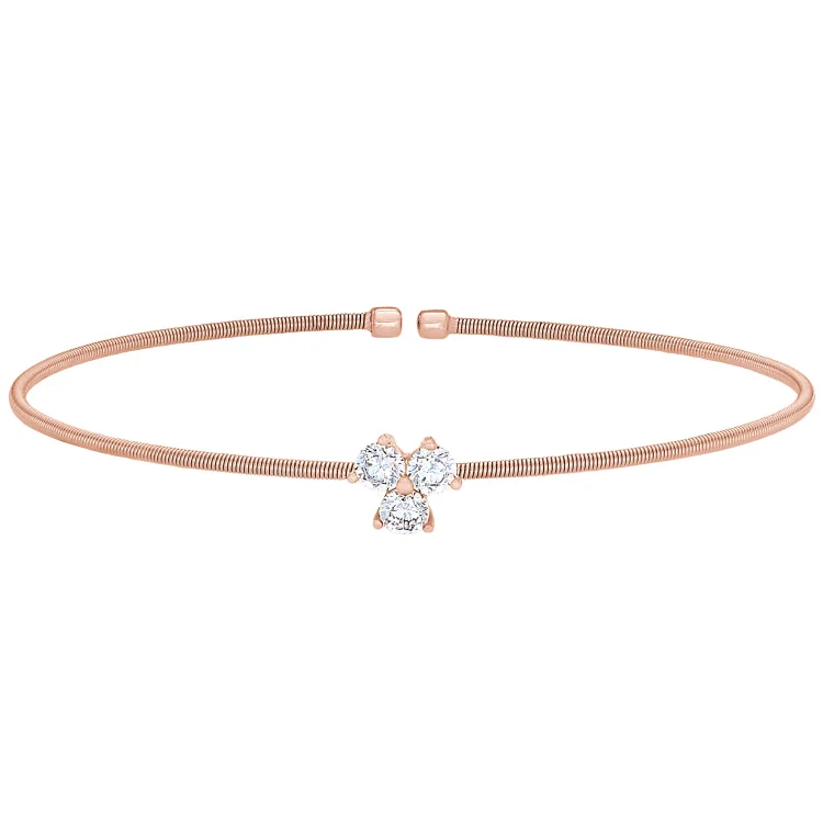 Ladies vibrant turquoise bracelets -Rose Gold Finish Sterling Silver Cable Cuff Bracelet with Three Round Simulated Diamonds