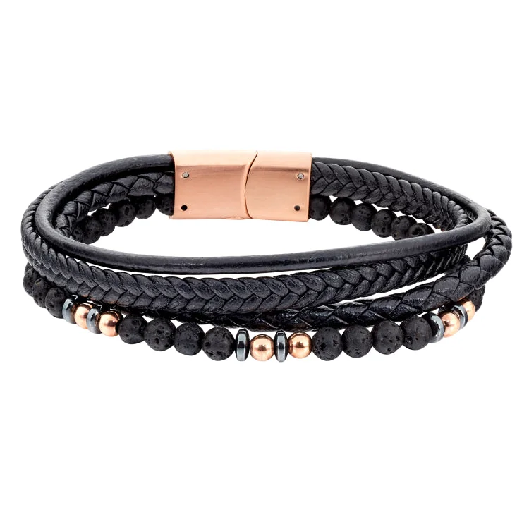 Ladies quirky gleam bracelets -Black Leather 4 Cord Bracelet With Rose Gold And Black Beads