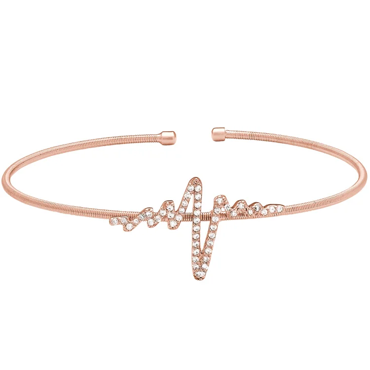 Ladies lunar whisper bracelets -Rose Gold Finish Sterling Silver Cable Cuff Heartbeat Bracelet with Simulated Diamonds