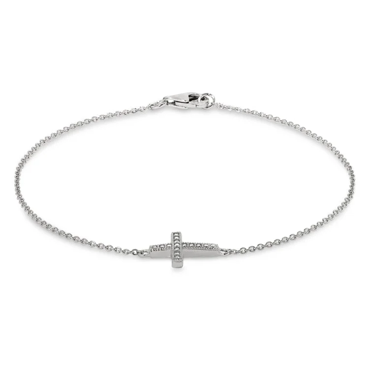 Ladies rich ruby bracelets -Platinum Finish Sterling Silver Micropave Cross Adjustable Bracelet with Simulated Diamonds 6.5" - 7.25" Cable Chain