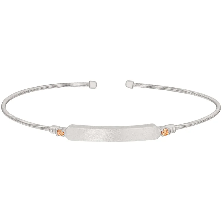 Ladies hushed calm bracelets -RhodiumFinish Sterling Silver Cable Cuff Bracelet with Name Plate and Simulated Citrine Birth Gems - November