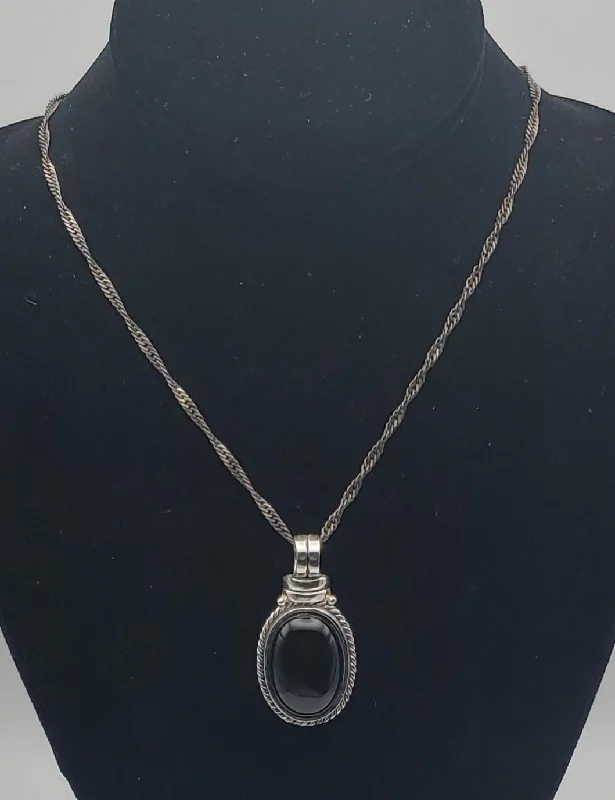 Sparkling diamond necklaces -Black Onyx Pendant on Sterling Silver Italian Chain Necklace - 26"