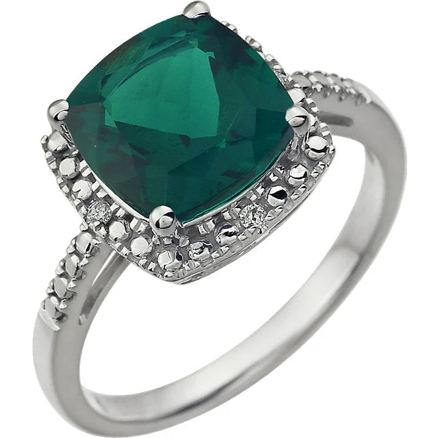 Ladies Rings with Cross Spark-14k White Gold 9mm Cushion Cut Created Emerald & Diamond Halo-Style Ring