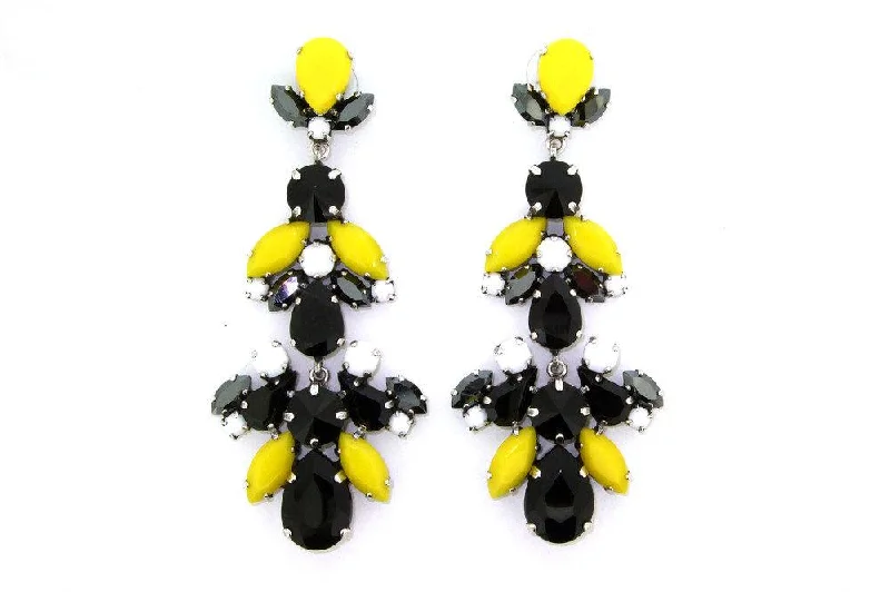 Ladies Earrings with Aqua Variscite-Black and Yellow Glass and Crystal Chandelier Pierced Earrings by Frangos