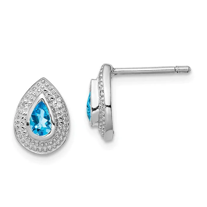 Ladies Earrings for Founder Spark-Sterling Silver Pear Swiss Blue Topaz & Diamond Accented Post Earrings