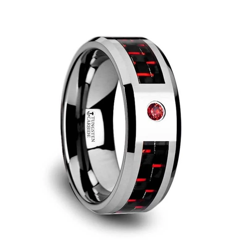 Ladies Rings for Mom Glow-Thorsten ADRIAN Tungsten Carbide Ring with Black and Red Carbon Fiber and Red Ruby Setting with Bevels - 8mm