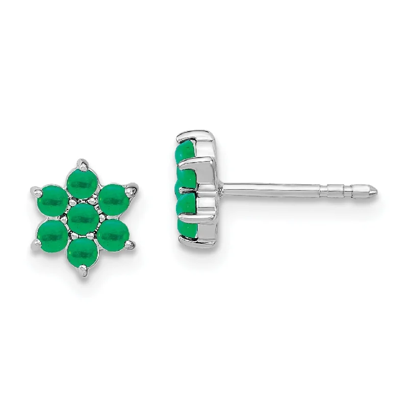 Ladies Earrings for Festive Glow-14k White Gold Emerald 7-Stone Cluster Flower Earrings