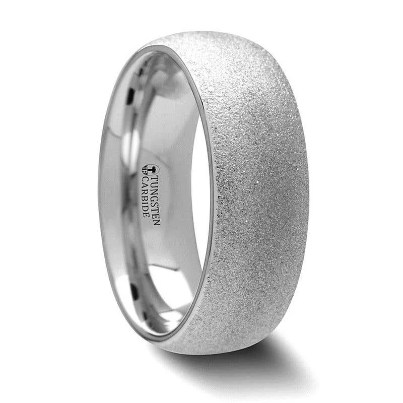 Ladies Rings with Soft Morganite-Thorsten QUARTZ Domed Tungsten Carbide Ring with Sandblasted Crystalline Finish - 2mm - 8mm