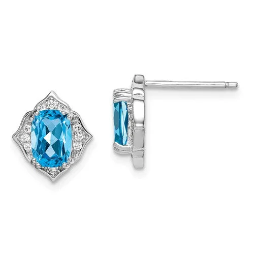 Ladies Earrings with Sea Aquamarine-Sterling Silver Swiss Blue Topaz And White CZ Post Dangle Earrings