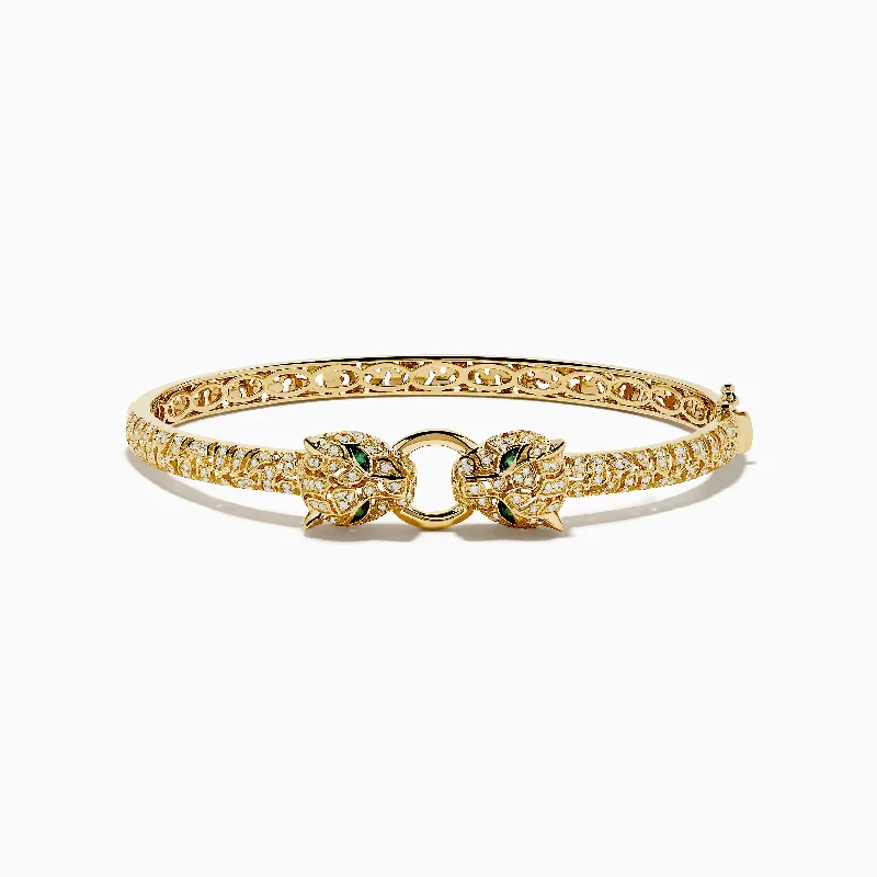 Ladies triangle drop bracelets -Signature 14K Yellow Gold Emerald and Diamond Panther Bangle