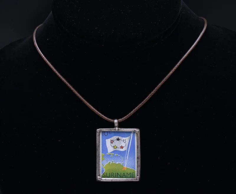 Rose bloom necklaces -Vintage 1960 Suriname Stamp Sterling Silver Pendant Necklace