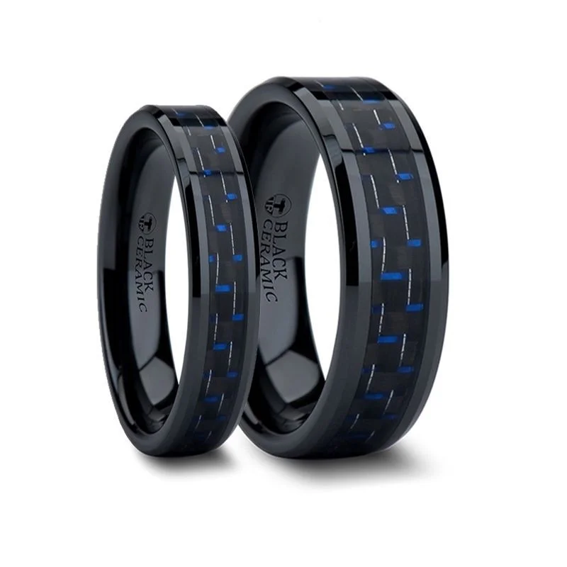 Ladies Rings with Vibrant Stones-Thorsten AVITUS Black Beveled Ceramic Ring w/ Blue & Black Carbon Fiber Inlay 4-10mm