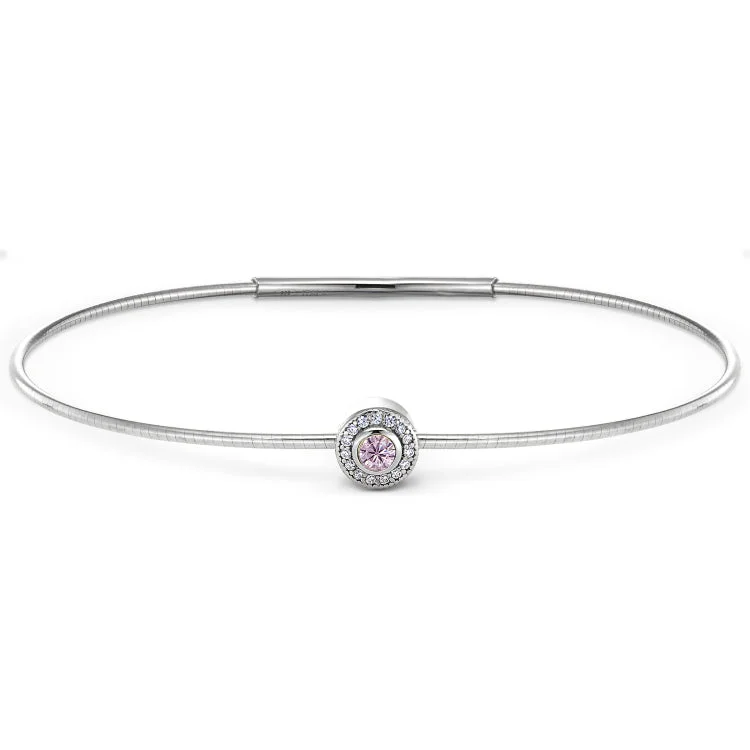 Ladies deco flair bracelets -Platinum Finish Sterling Silver Round Simulated Pink Sapphire Birth Gem Bracelet with Simulated Diamonds