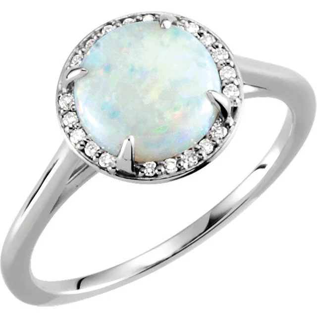 Ladies Rings for Travel Shine-14k Gold 8mm Round Genuine Australian Opal & .05 CTW Diamond Halo Ring