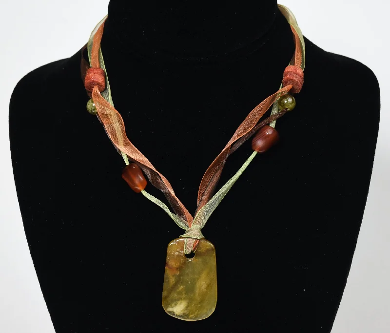 Sibling spark necklaces -Yellow Jade, Citrine, Carnelian, Red Coral Pendant Ribbon Necklace