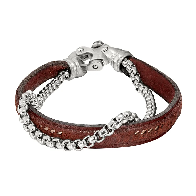 Ladies sister bond bracelets -Brown Leather 2 Cord Bracelet With Box Link Chain