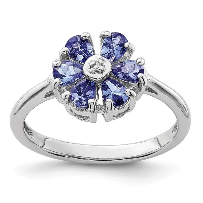 Ladies Rings Twisted Spark-Sterling Silver Genuine Tanzanite And Diamond Flower Ring