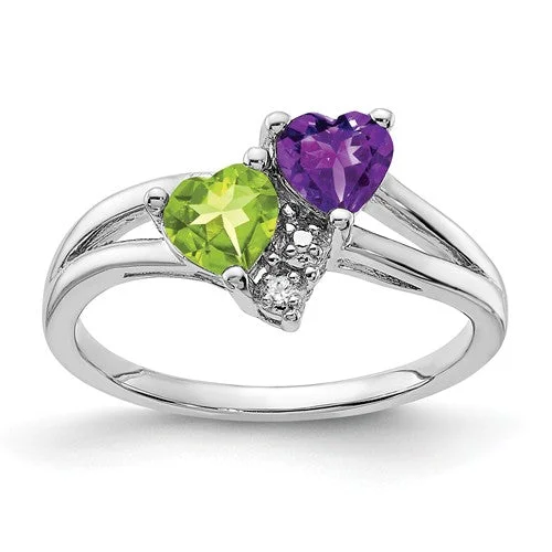 Ladies Rings for Aunt Shine-Sterling Silver Amethyst Peridot Double Heart and Diamond Accent Ring