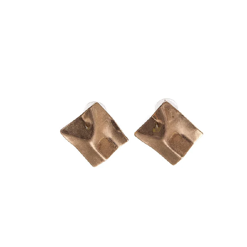 Ladies Earrings for Bestie Shine-Hot Tomato Crumpled Squares in Worn Gold Stud Earrings