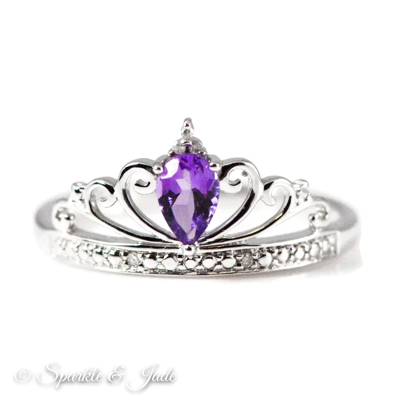 Ladies Rings with White Leucite-Sterling Silver Teardrop Pear Amethyst and Diamond Crown Ring