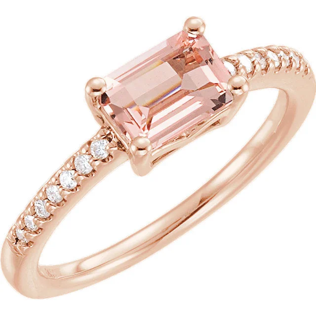 Ladies Rings with Blush Rhodochrosite-14k Rose Gold Rectangular Octagon Morganite & 1/10 CTW Diamond Ring