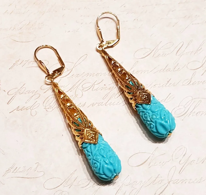 Ladies Earrings for Date Spark-Turquiose glass tear drop earrings Art Nouveau Design gold plated