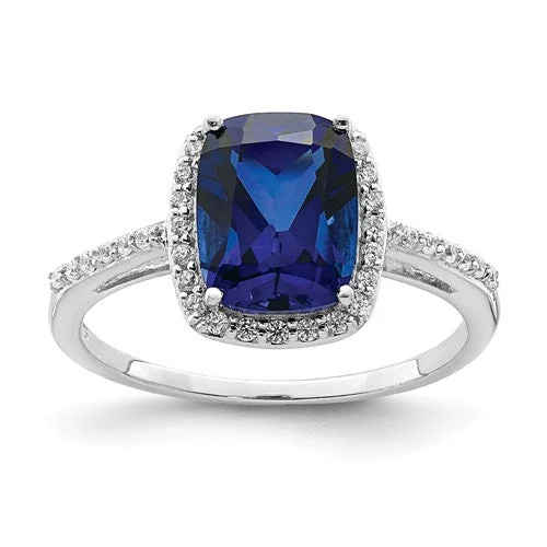 Ladies Rings with Clear Zircon-Sterling Silver Cushion Cut Lab-Created Blue Sapphire & CZ Halo Ring