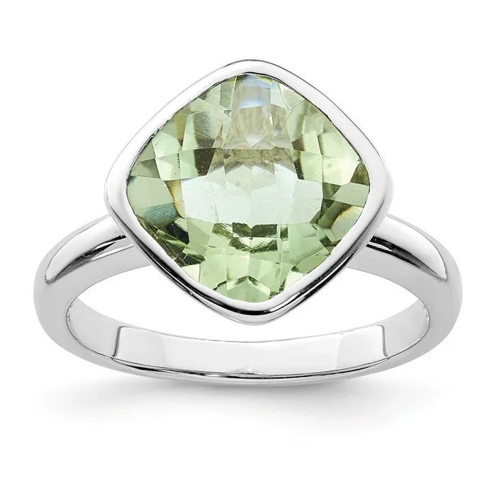 Ladies Rings Artistic Spark-Sterling Silver Bezel Set Cushion Green Quartz Prasiolite Ring