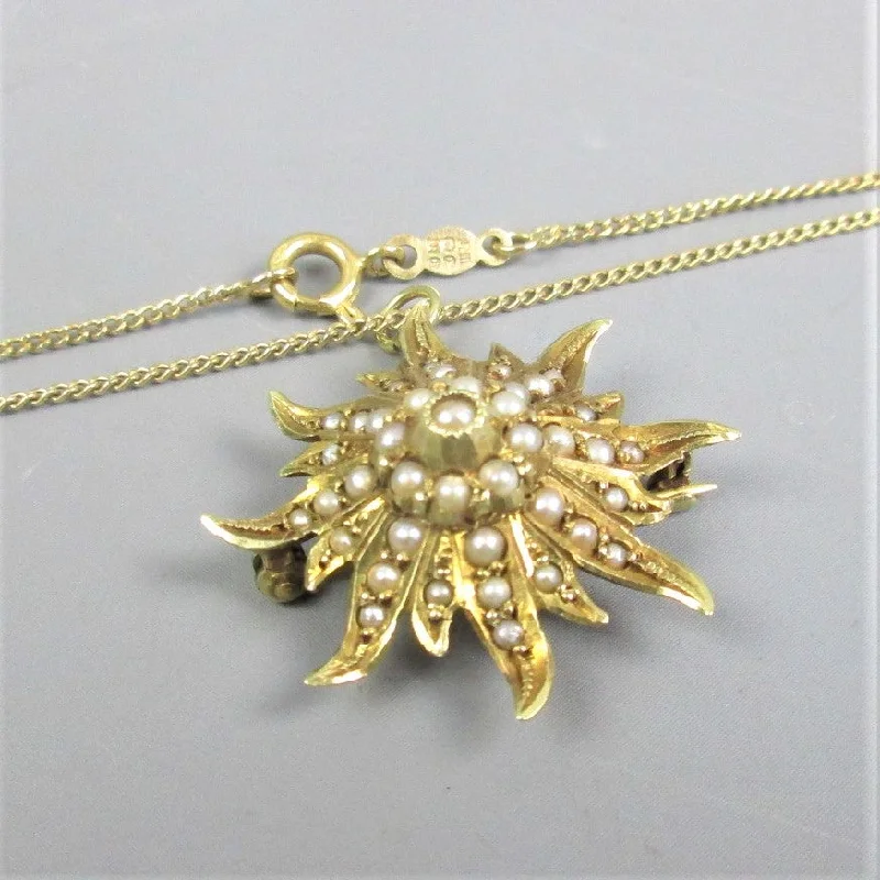 Light touch necklaces -14K Yellow Gold & Seed Pearl Sunburst Pendant Necklace Antique Art Deco c1930