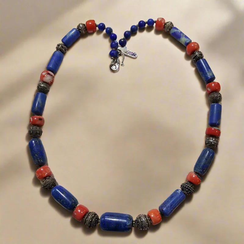 Wave shine necklaces -Necklace with Lapis Lazuli & Red Coral and sterling silver elements