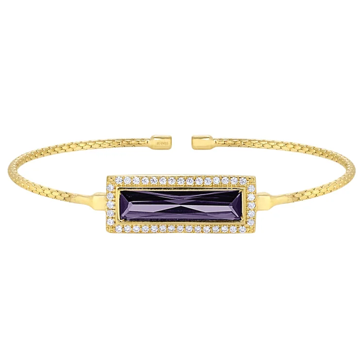 Ladies lush green bracelets -Gold Finish Sterling Silver Cable Cuff Bracelet with Rectangular Simulated Amethyst Stone and Simulated Diamonds