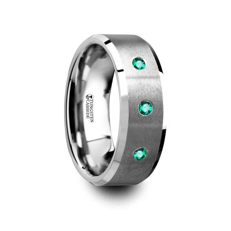 Ladies Engagement Rings with Uvarovite Spark-Thorsten ICARUS 3 Emerald Brushed Tungsten Wedding Ring with Polished Beveled Edges - 8mm