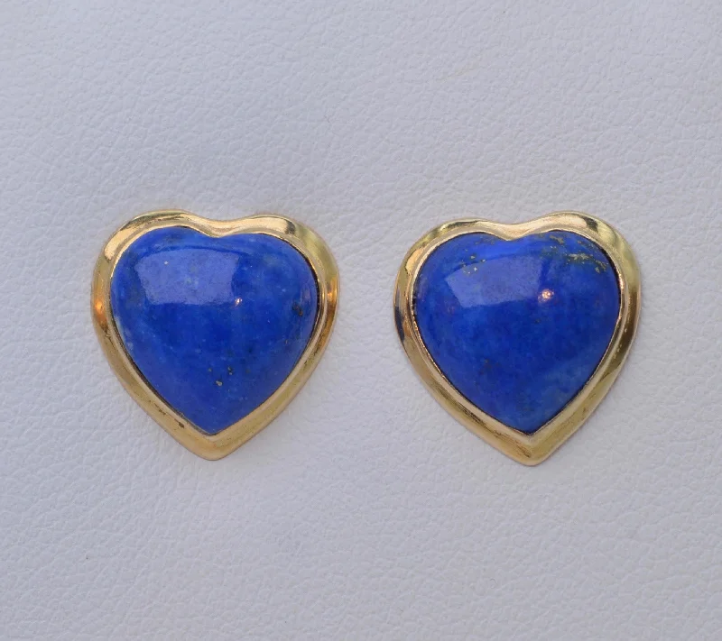 Ladies Earrings with Brown Andalusite-Lapis Lazuli Heart-Shaped Earrings in 14K Yellow Gold