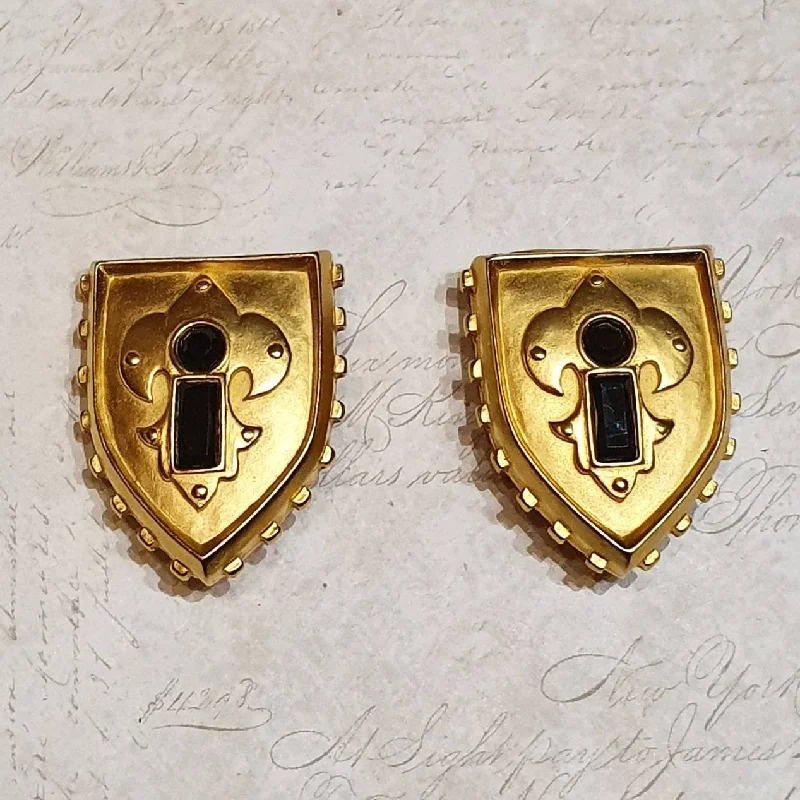 Ladies Earrings with Red Spinel-Karl Lagerfeld Earrings Clip On Gold Black Shield Crest