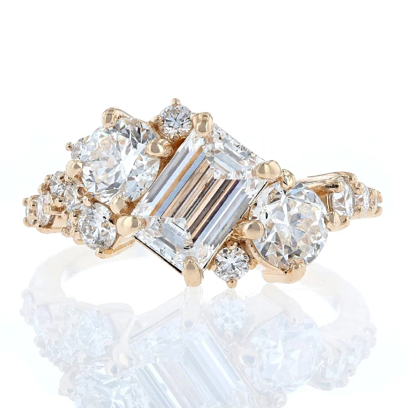 Ladies Engagement Rings with Jade Spark-Emerald Cut & Round Diamond Cluster Engagement Ring