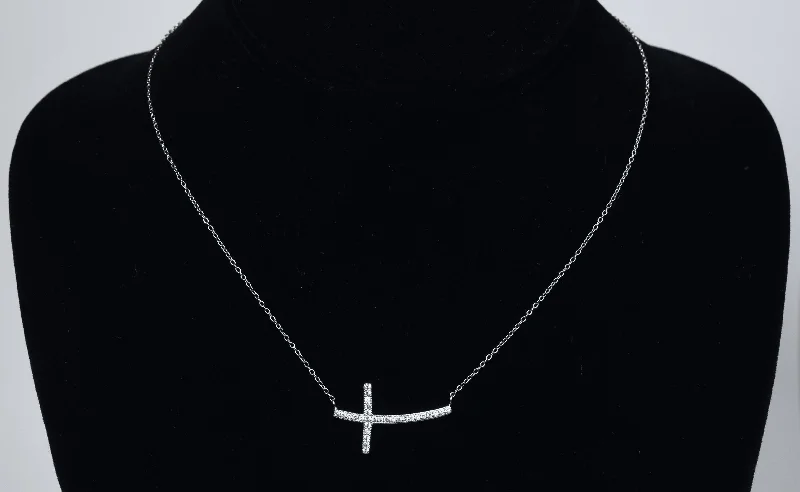 City beat necklaces -Sterling Silver Curved Crystal Cross Necklace