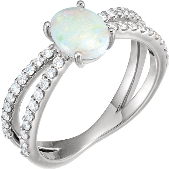 Ladies Rings with Dark Obsidian-14k Gold Australian Opal X Band Diamond Ring - White, Rose or Yellow