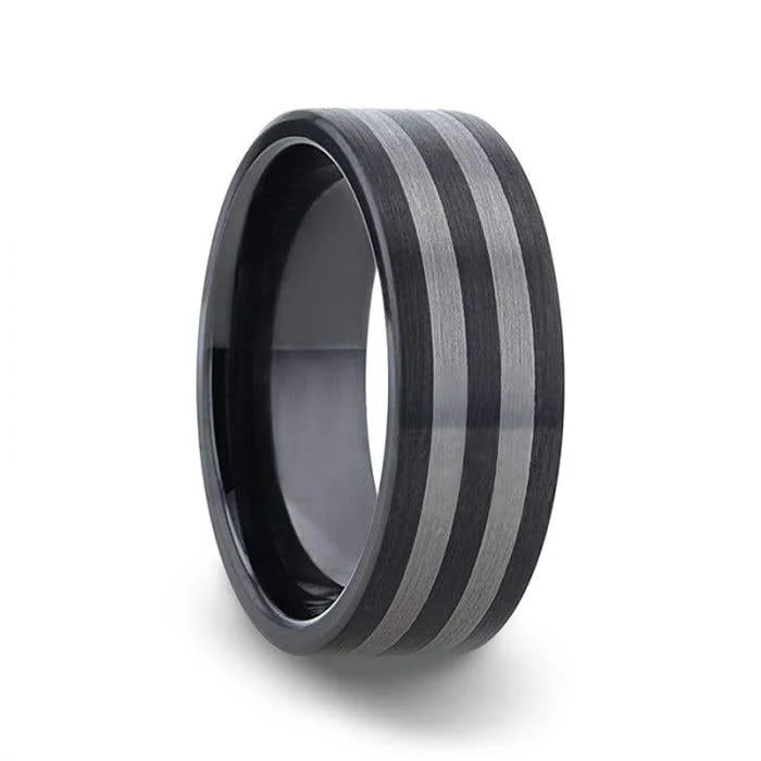 Ladies Rings Sterling Glow-Thorsten BETA Ceramic ring with Tungsten Inlay With Flat Brushed Edges - 8mm