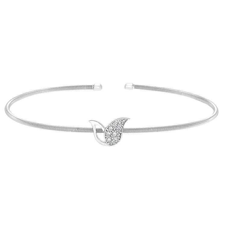 Ladies resin art bracelets -Rhodium Finish Sterling Silver Cable Cuff Tulip Bracelet with Simulated Diamonds