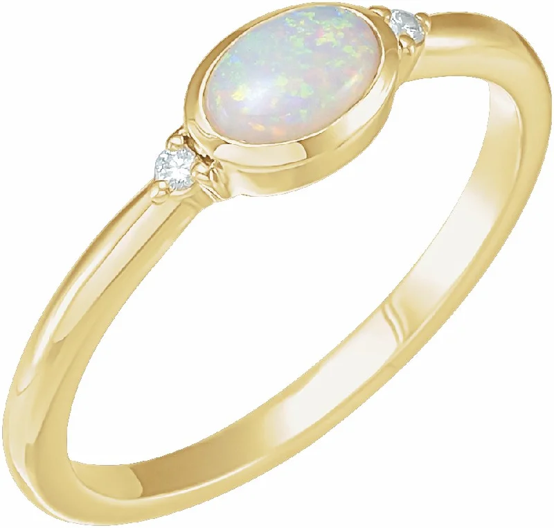 Ladies Rings Simple Shine-14K Gold Natural White Ethiopian Opal & .03 CTW Natural Diamond Ring