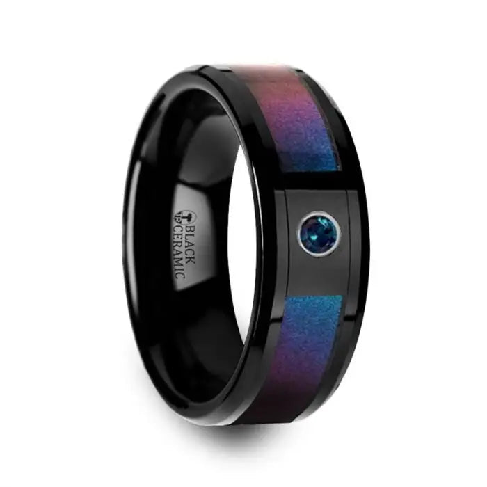 Ladies Rings with Crystal Spark-Thorsten KLEIN Black Ceramic Ring Blue & Purple Color Changing Inlay Alexandrite Setting - 8mm