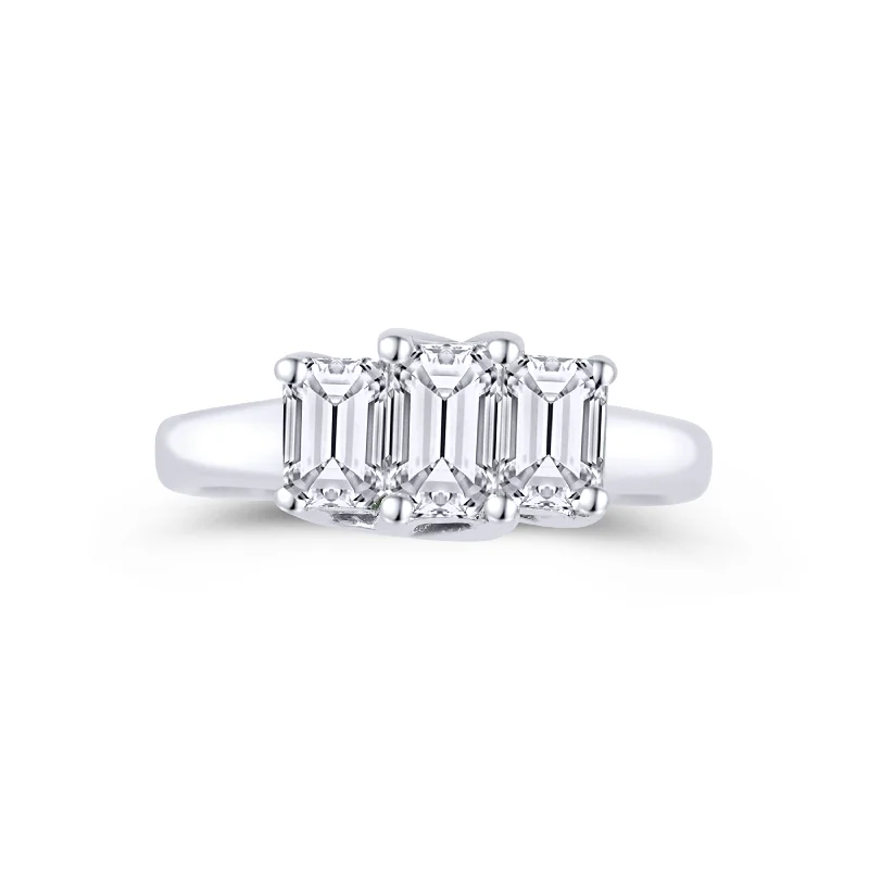 Ladies Engagement Rings Cloud Shine-18K White Gold Three Emerald Cut Diamond Engagement Ring 0.80 Carat Center Diamond 0.62 Carat Emerald Diamond on each Side