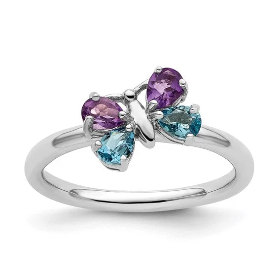 Ladies Rings with Blue Dumortierite-Sterling Silver Stackable Expressions Blue Topaz & Amethyst Butterfly Ring