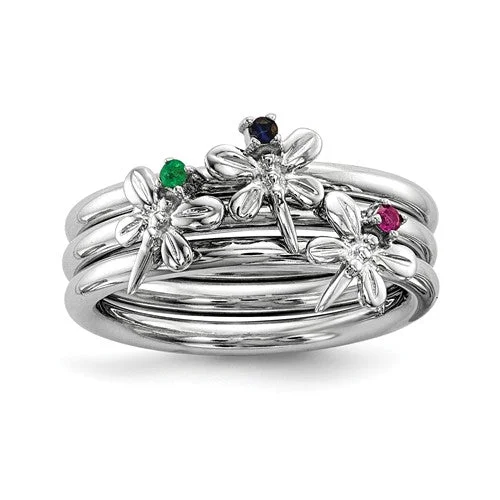 Ladies Rings Pearl Shine-Sterling Silver Blue Sapphire, Ruby and Emerald Dragonfly Set of 3 Rings