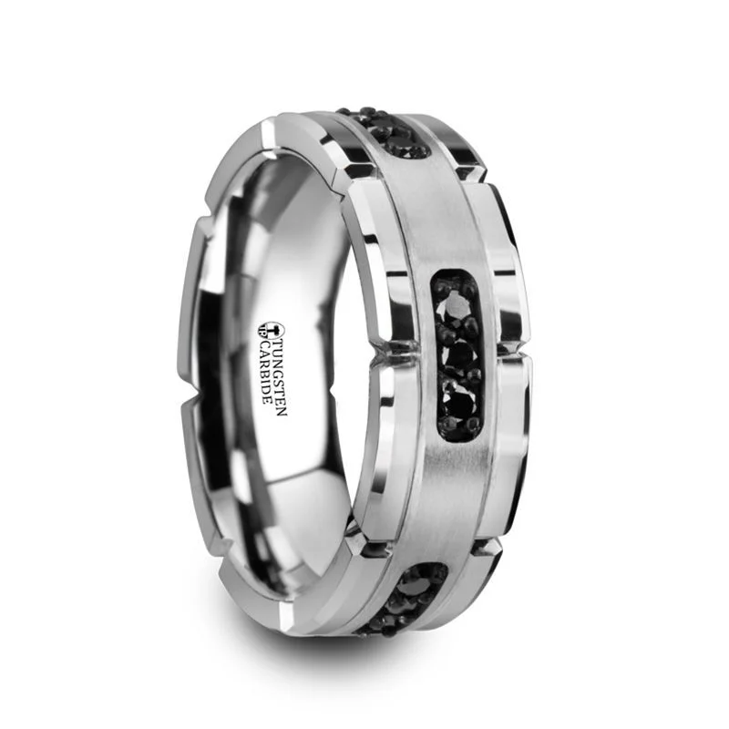 Ladies Rings with Ruby Zoisite-Thorsten VALOR Grooved Tungsten Ring with Silver Inlay & Black Diamonds - 8mm Band