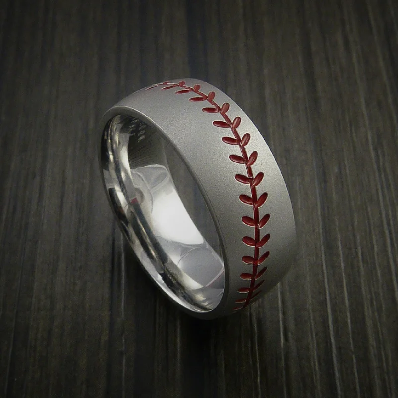 Ladies Rings with Bead Glow-Titanium Baseball Ring with Bead Blast Finish