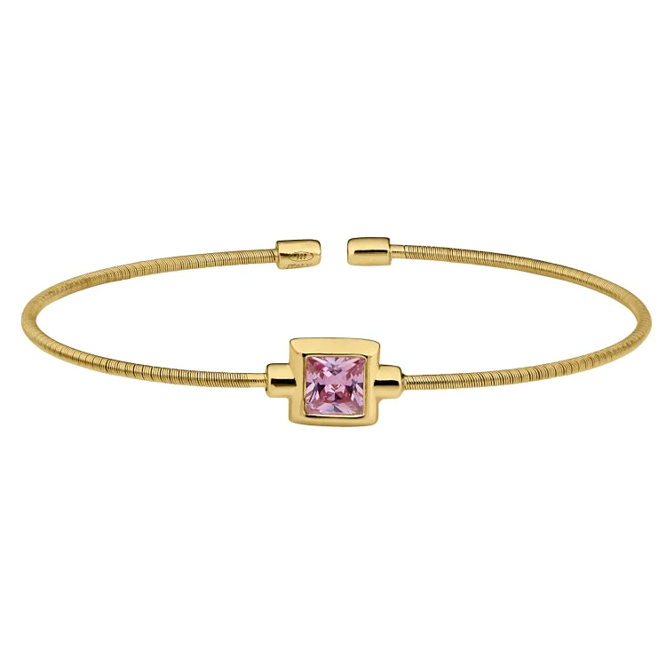 Ladies desert bloom bracelets -Gold Finish Sterling Silver Cable Cuff Bracelet with Princess Cut Simulated Pink Sapphire Birth Gem